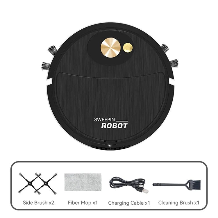 Black robot vacuum cleaner with included accessories on a white background