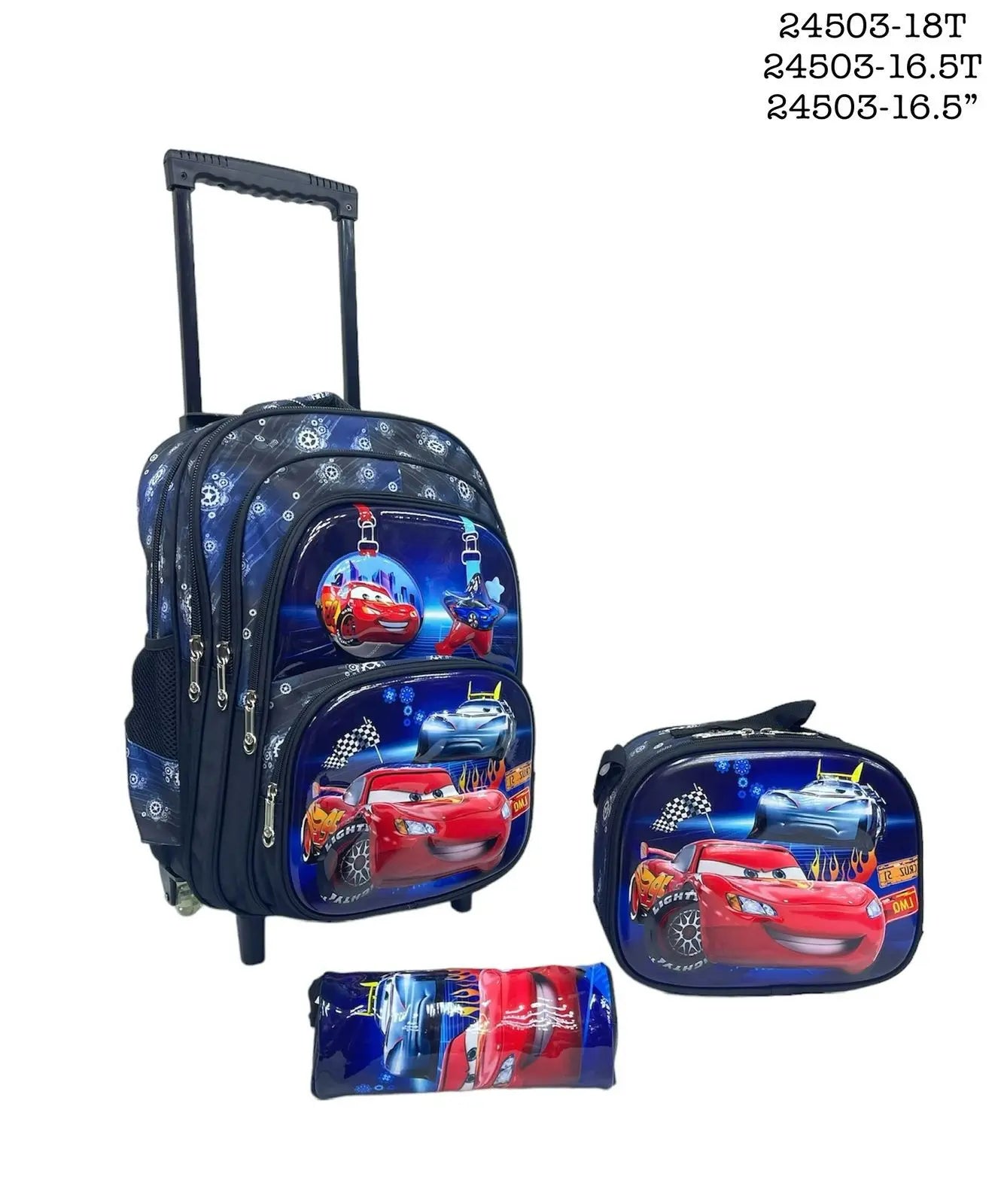 Children's luggage set with cartoon car design on a white background