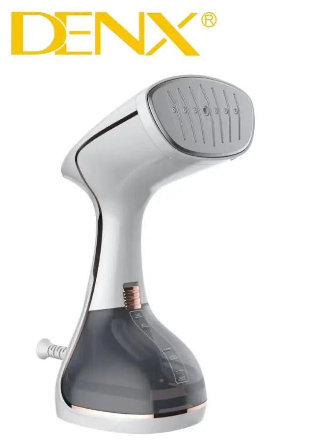 Gray and white handheld steamer with DENX branding on a white background