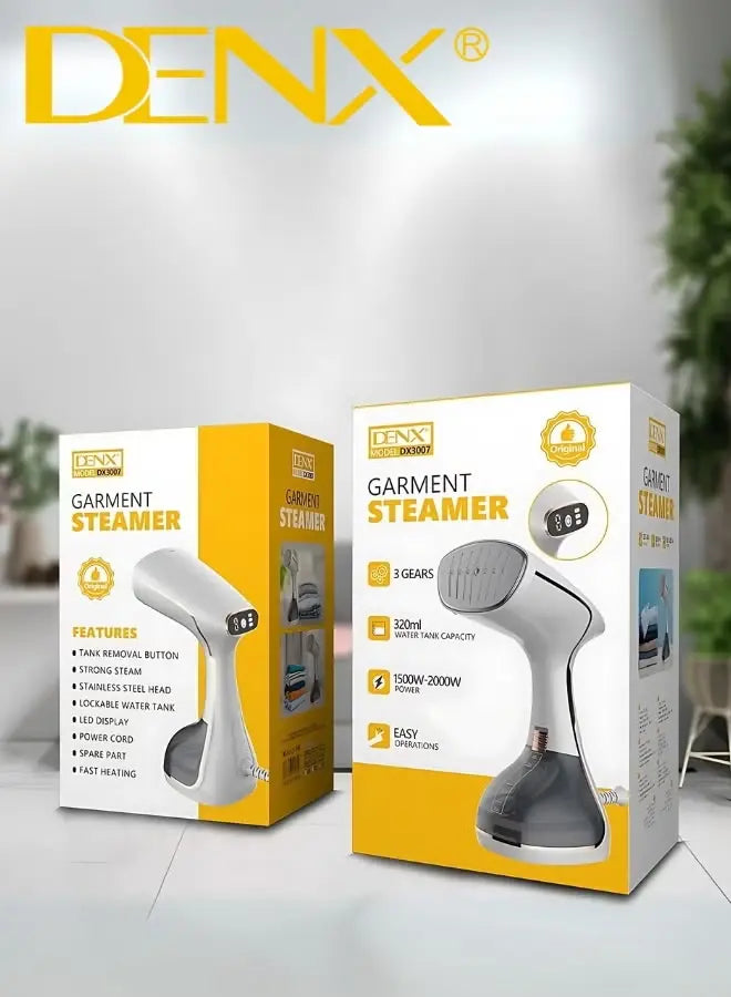 DENX garment steamer packaging on a white background