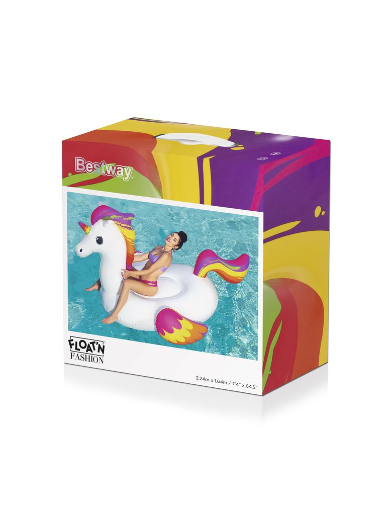 Box of an inflatable unicorn pool float with colorful design on a white background