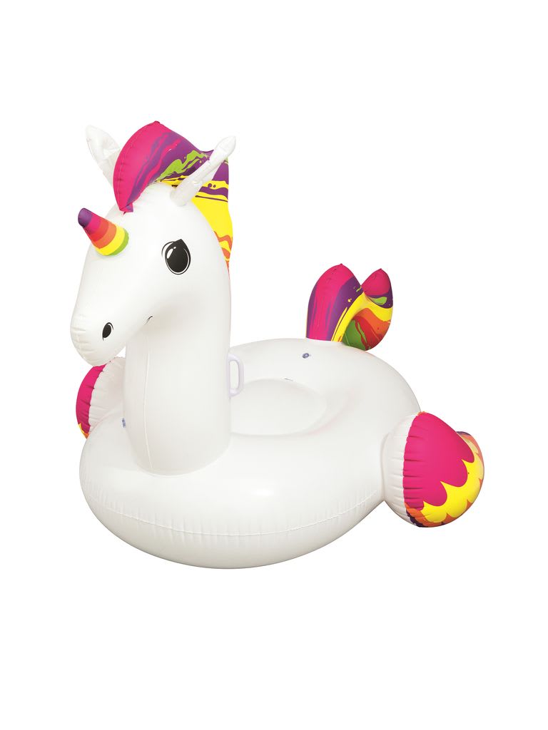 Inflatable unicorn pool float with colorful horn and tail on a white background