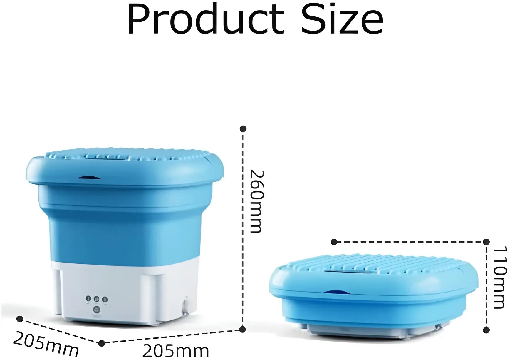Collapsible blue cup with dimensions labeled on a white background