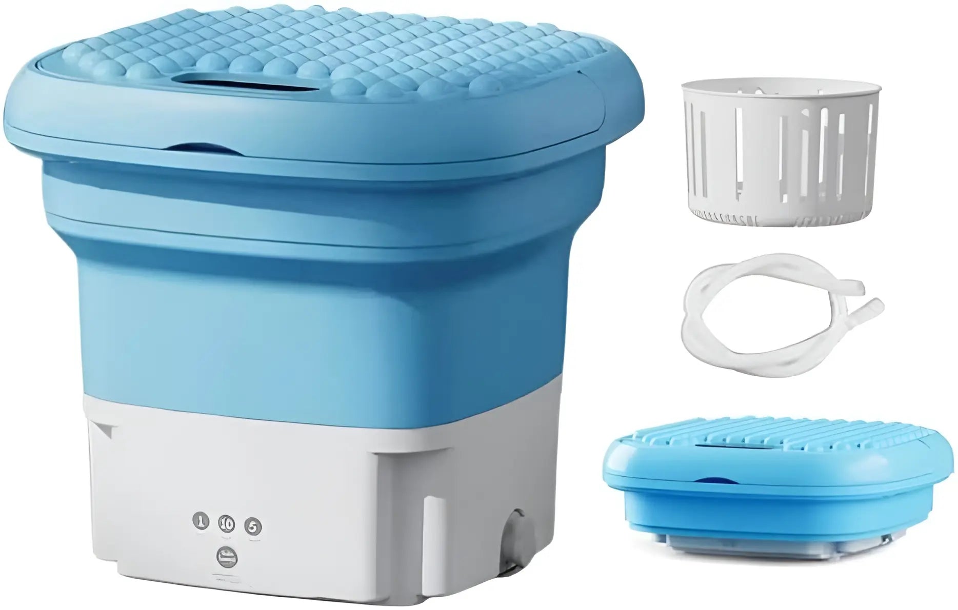 Blue and white portable washing machine with accessories on a white background