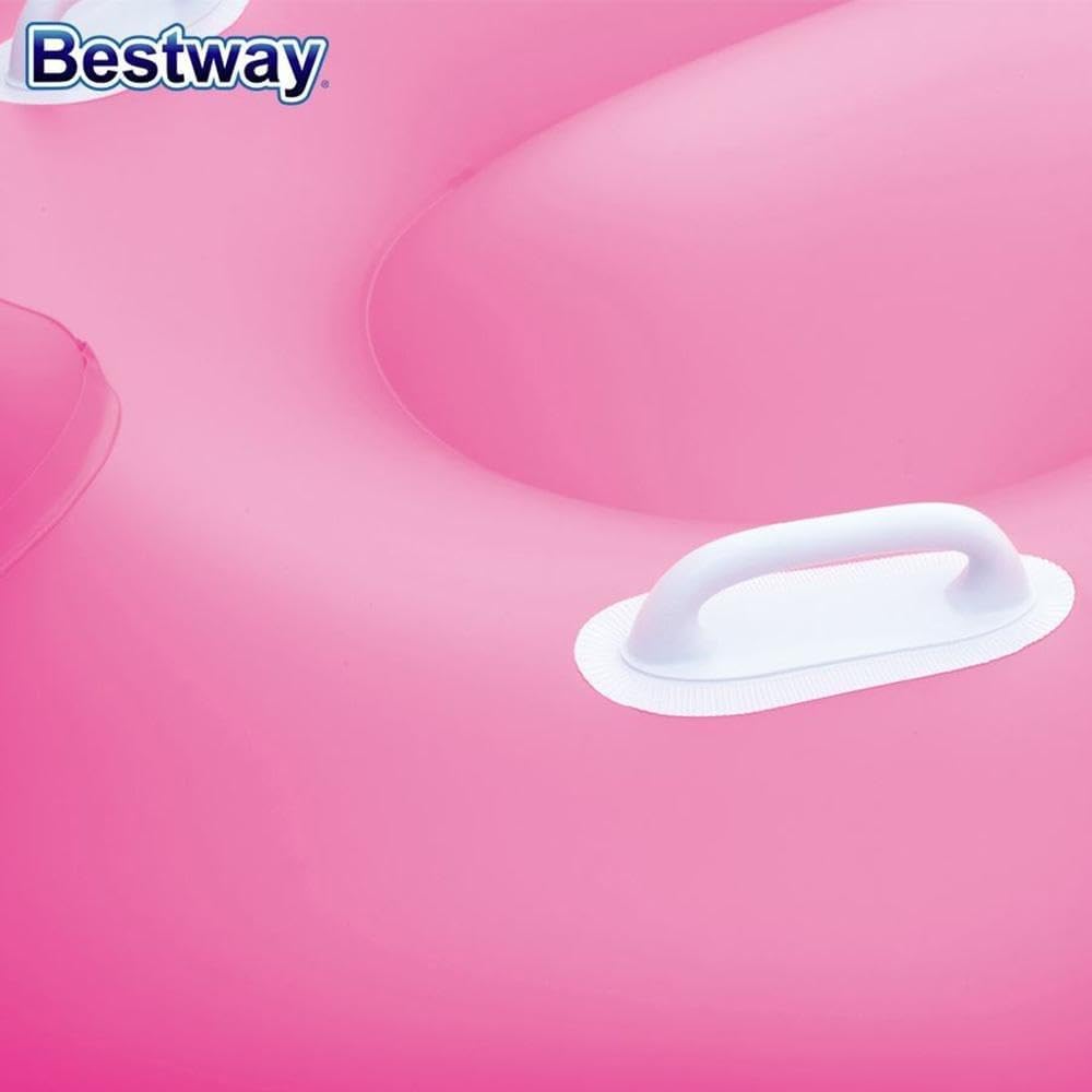Close-up of a pink inflatable pool with a white handle, featuring the Bestway brand.