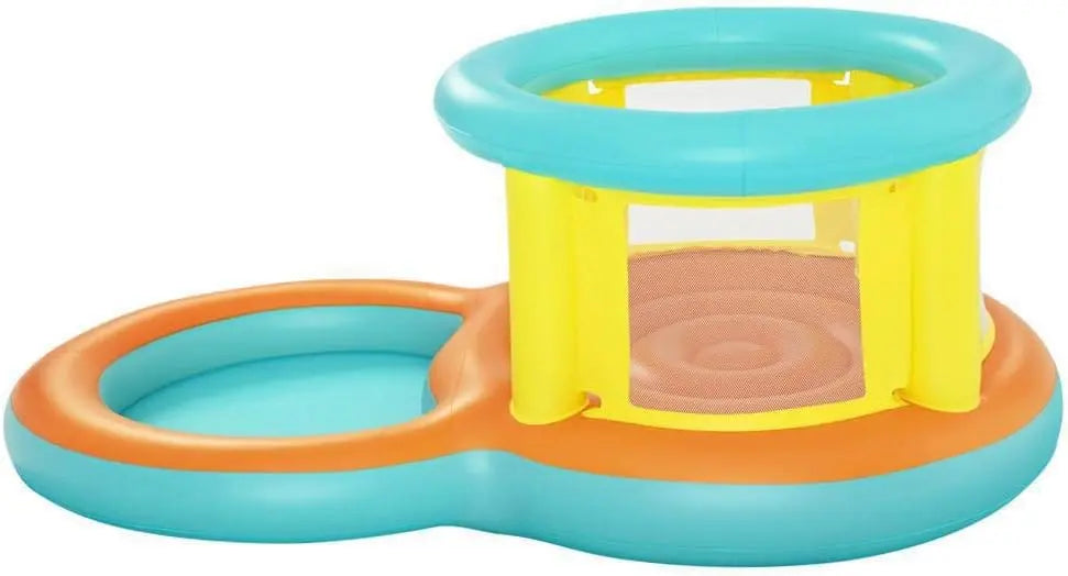 Colorful inflatable toy with a blue top and orange base on a white background