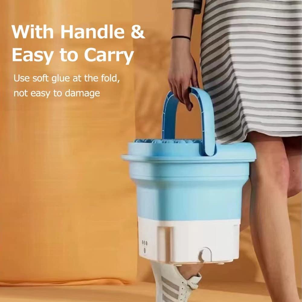 Collapsible bucket with handle held by a person, on an orange background