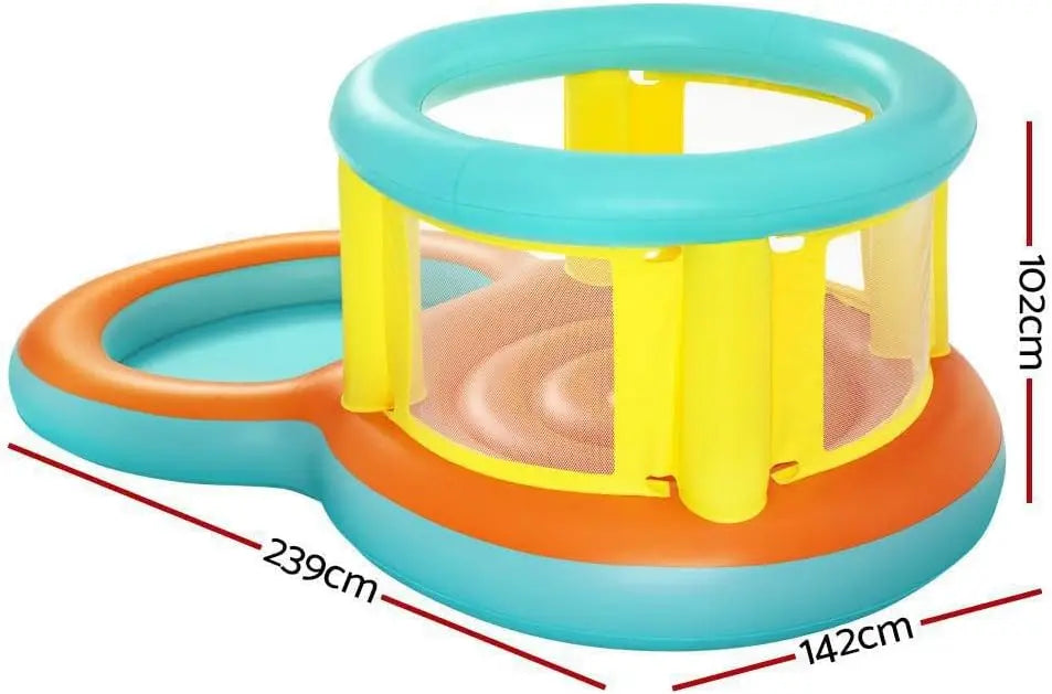 Colorful inflatable playground structure with dimensions on a white background