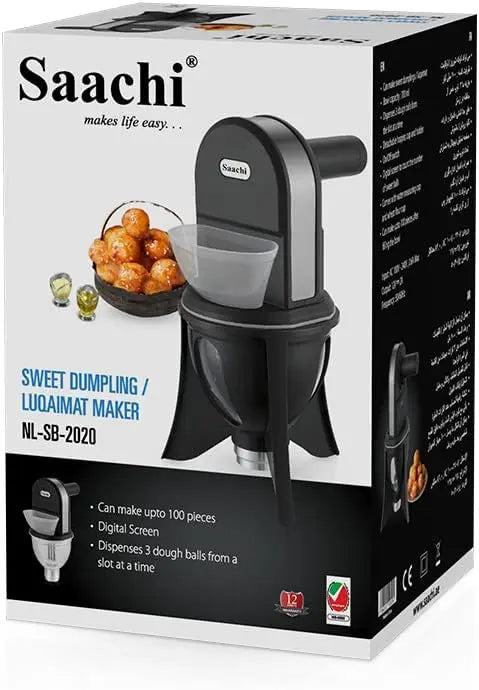 Saachi sweet dumpling maker packaging with product image and text on a white background