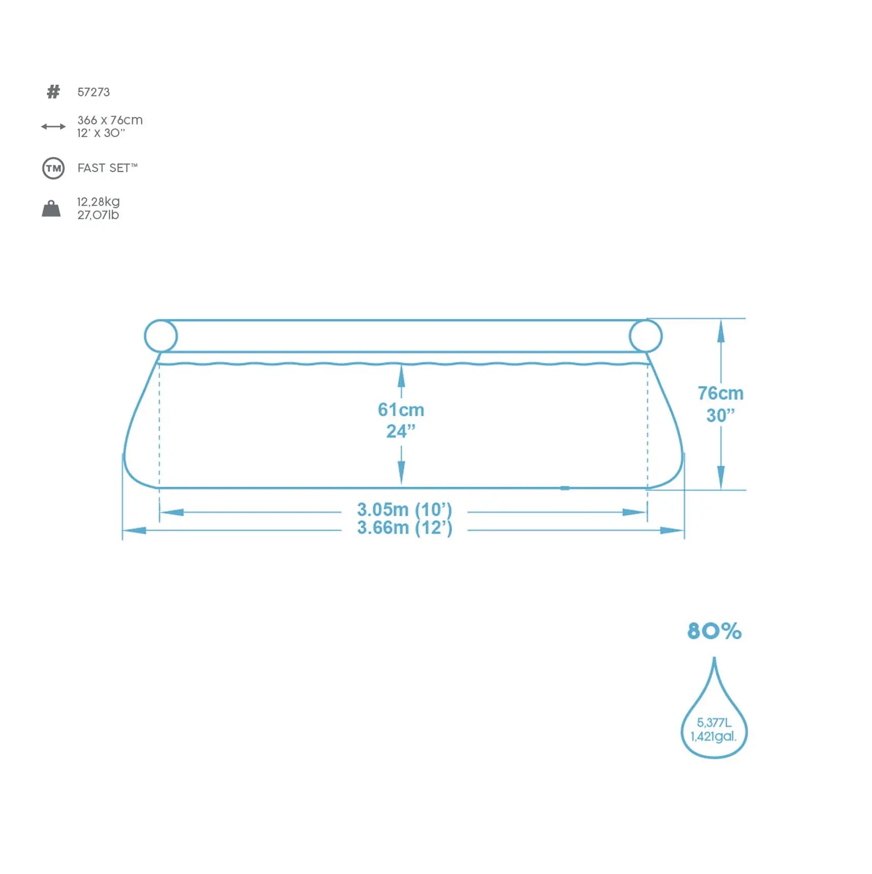 Technical drawing of a rectangular object with dimensions and water capacity indicated.