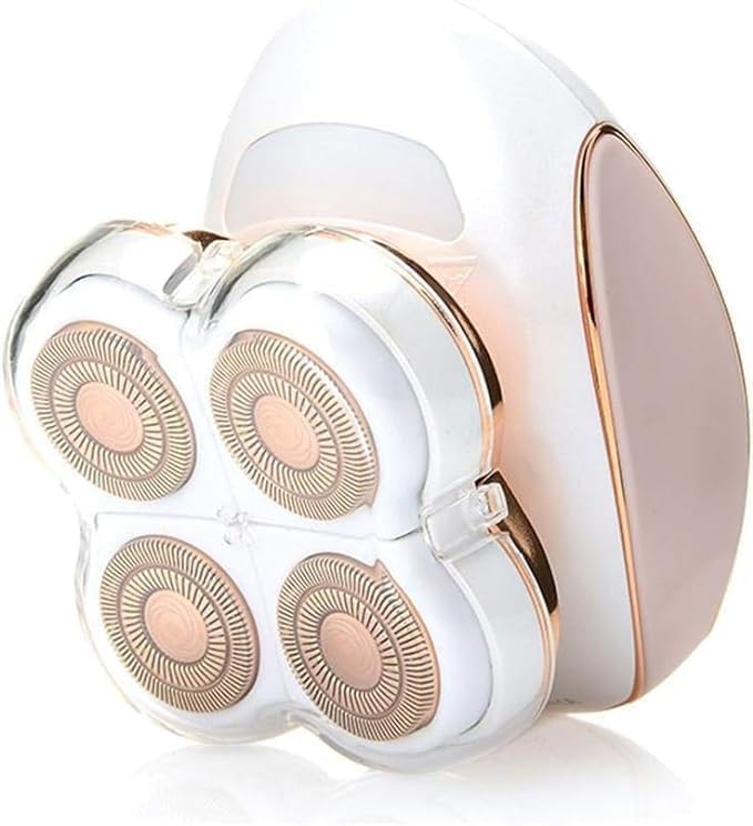 White and rose gold electric shaver on a white background