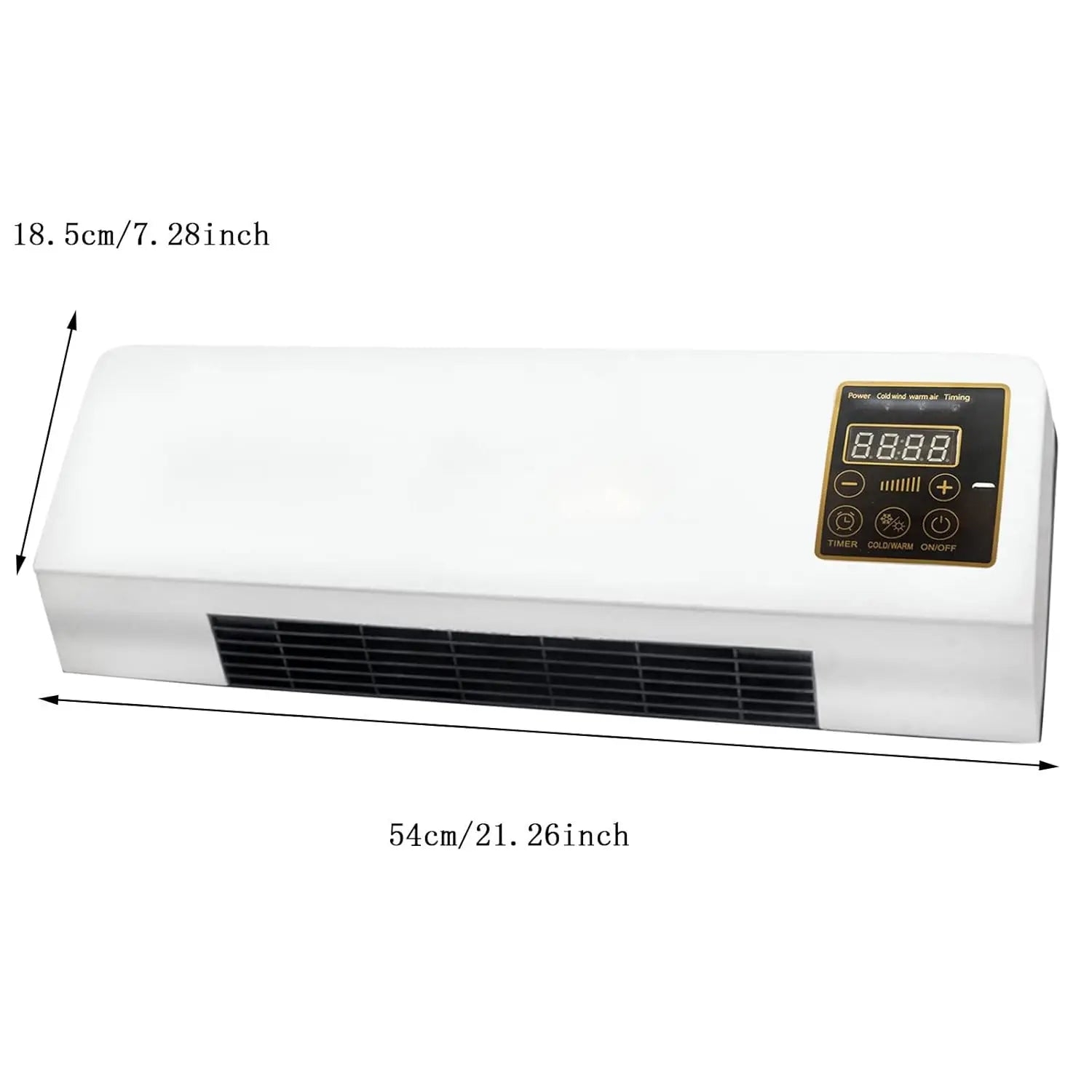White wall-mounted heater with digital display and dimensions indicated