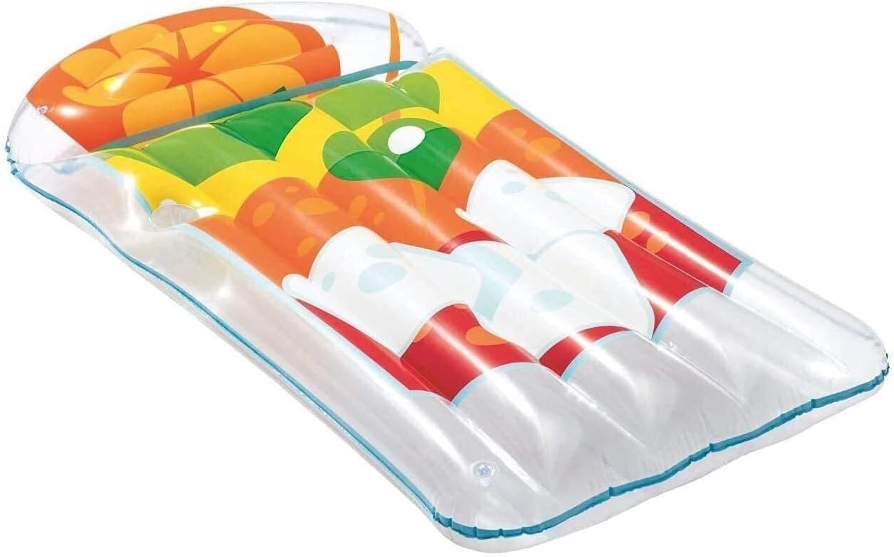 Colorful inflatable pool float with a pattern resembling a pizza on a white background