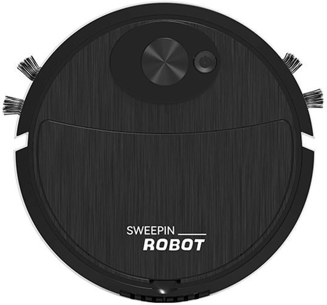 Black robot vacuum cleaner with 'Sweepin Robot' branding on a white background