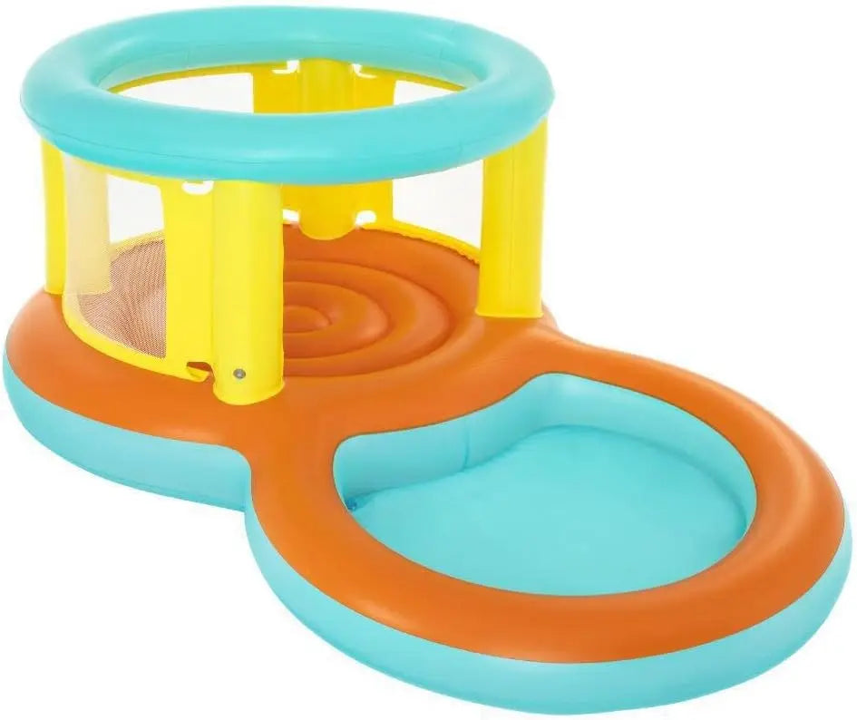 Children's inflatable play center with spiral slide and circular pool on a white background
