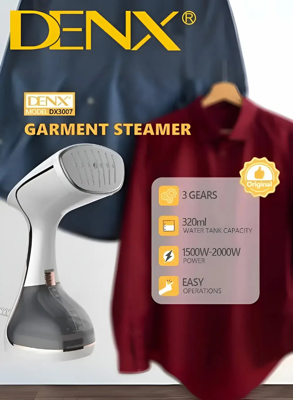 DENX garment steamer with a shirt on a hanger against a white background