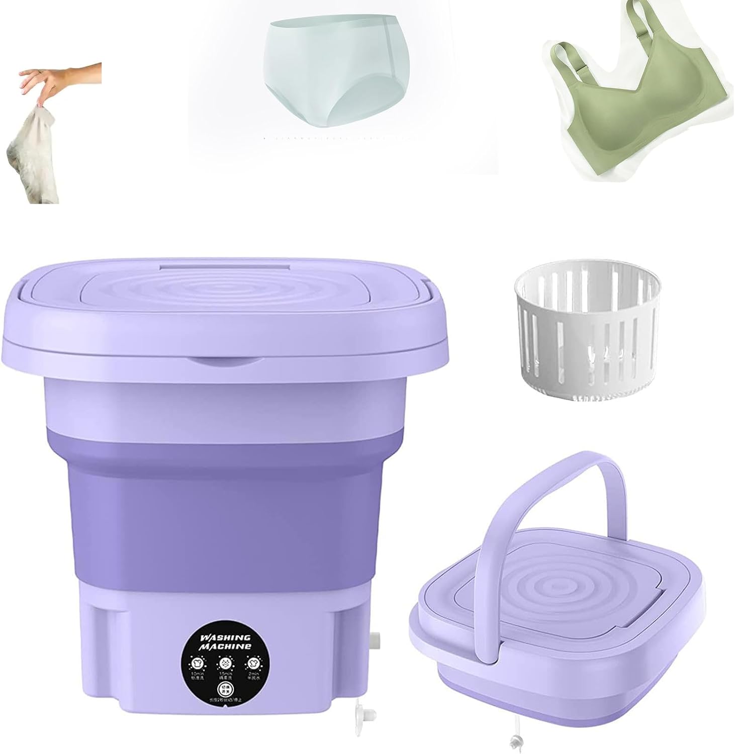 Purple portable washing machine with accessories on a white background