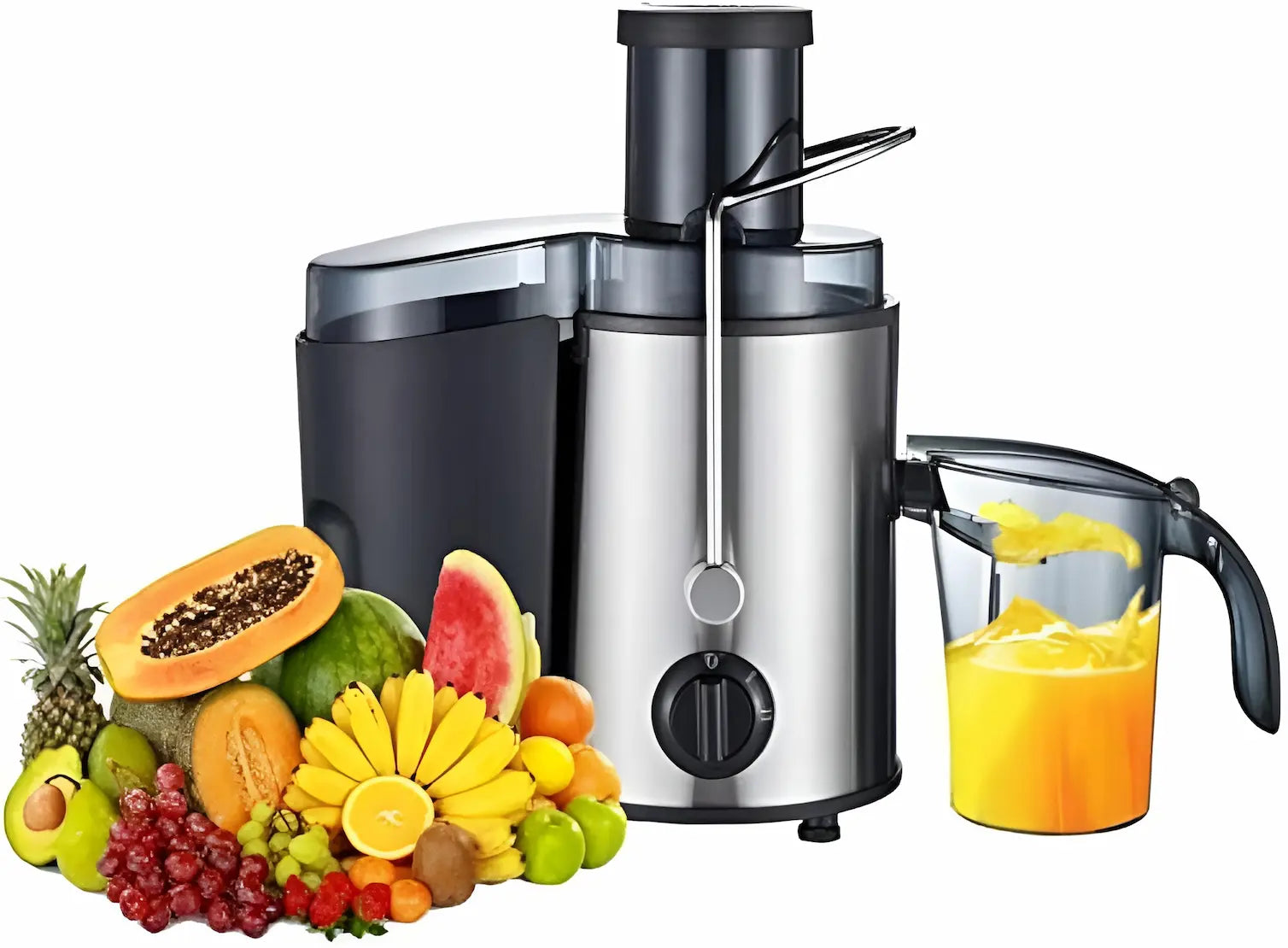 Stainless steel juicer with fruits and a glass of juice on a white background