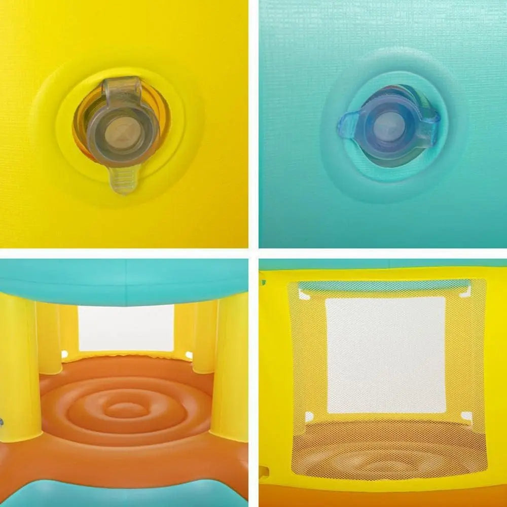 Four quadrant view of a colorful inflatable play structure with different colored panels.
