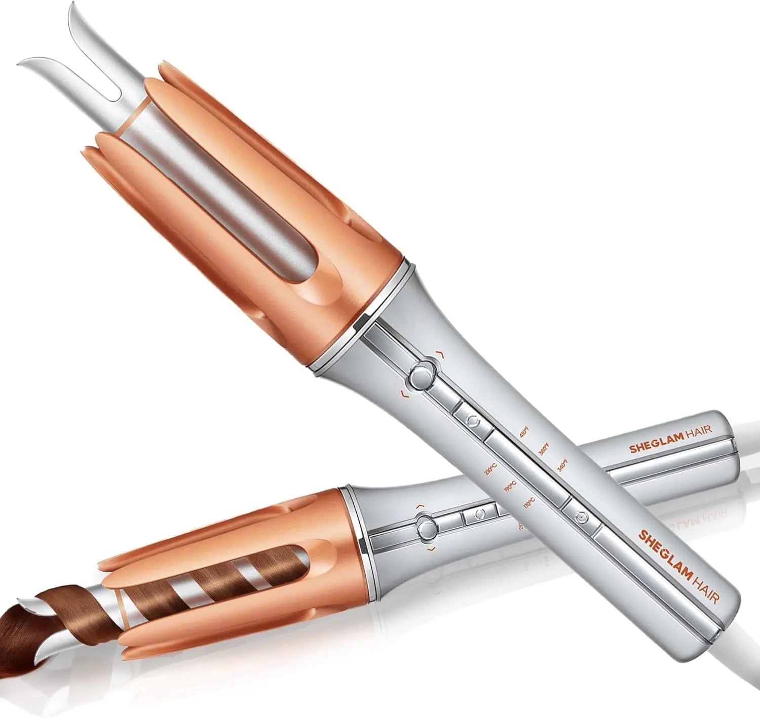 Hair straightener with copper and silver design on a white background