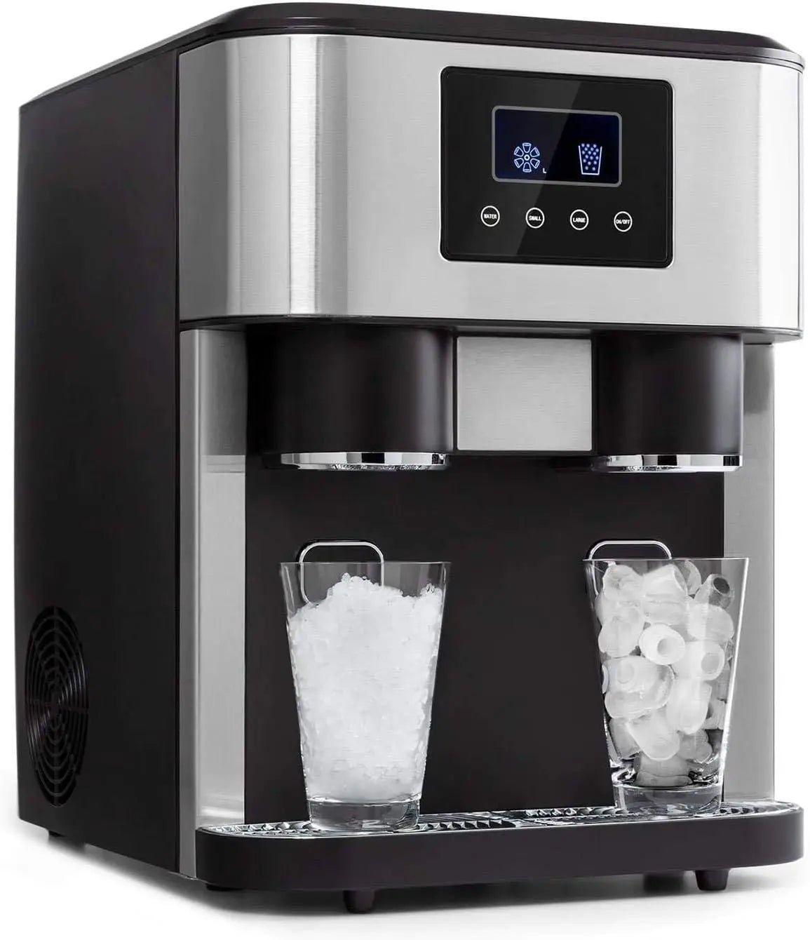 Ice machine with two glasses of ice on a white background