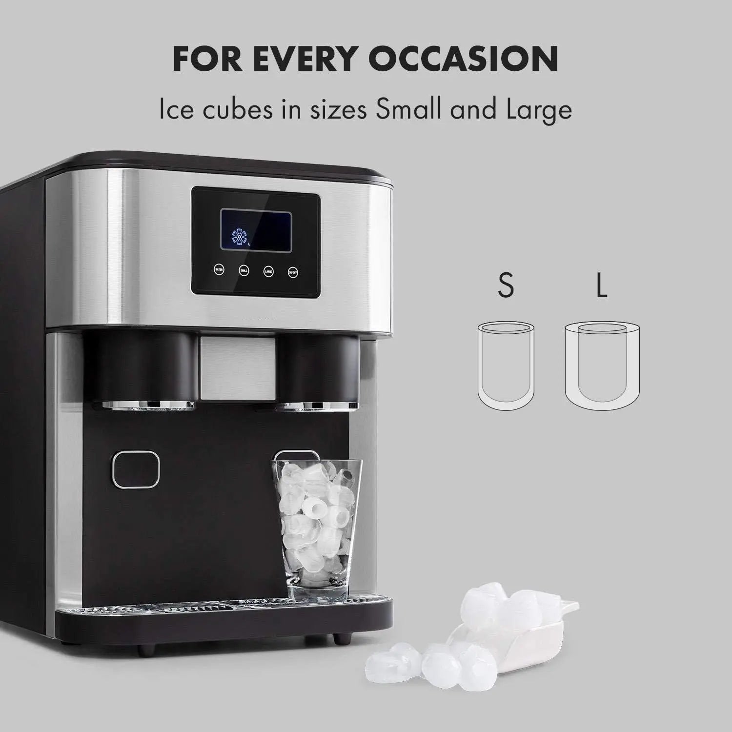 Ice cube machine with a glass of ice cubes on a gray background