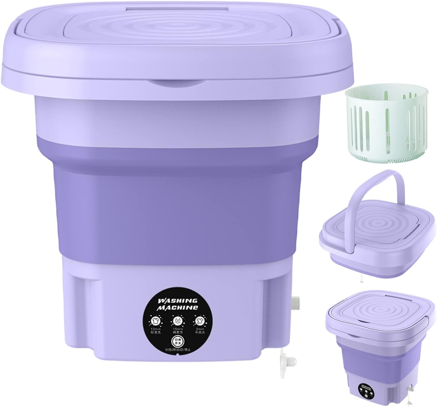 Purple portable washing machine with additional components on a white background