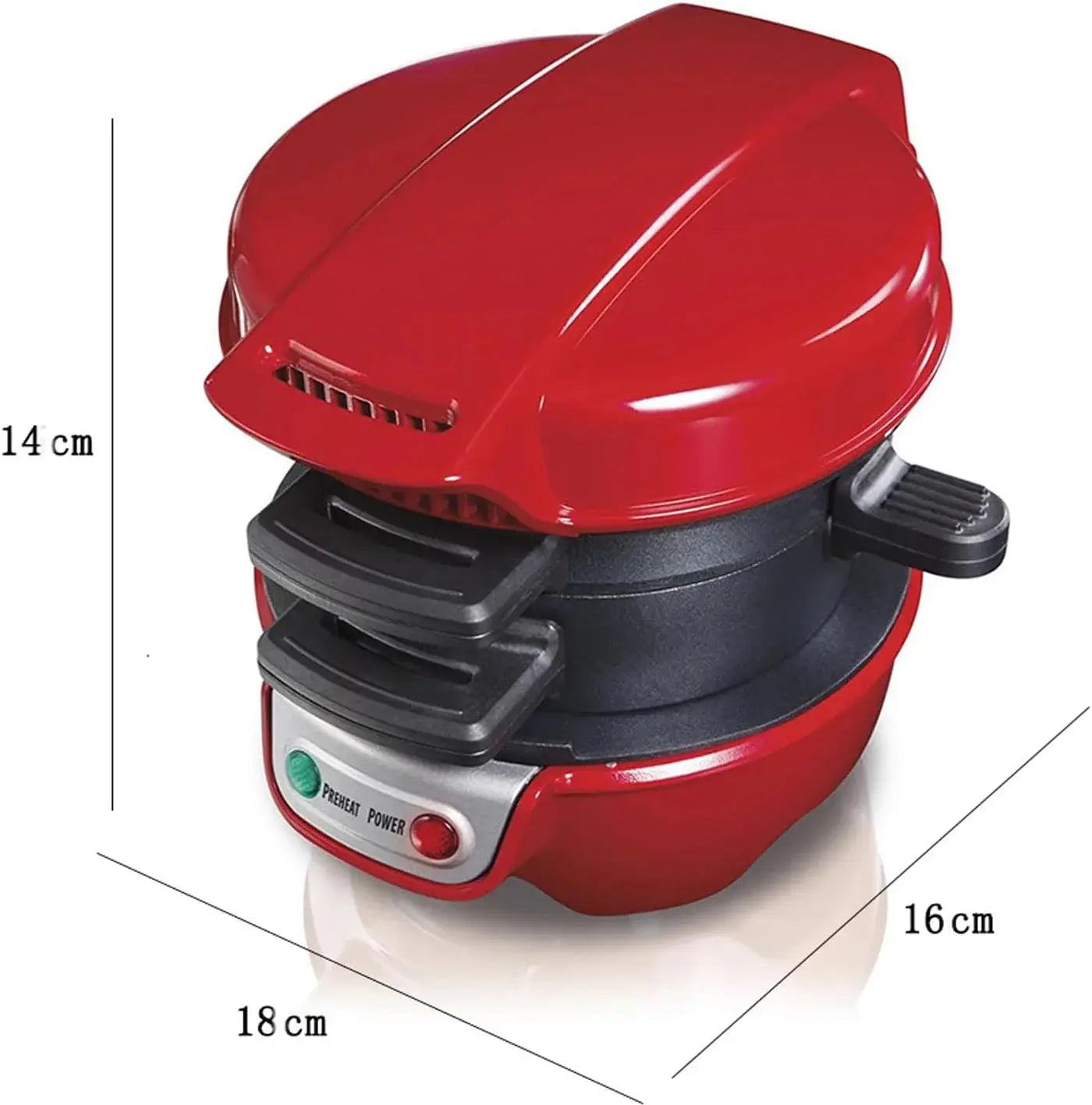 Red waffle maker with dimensions indicated on a white background