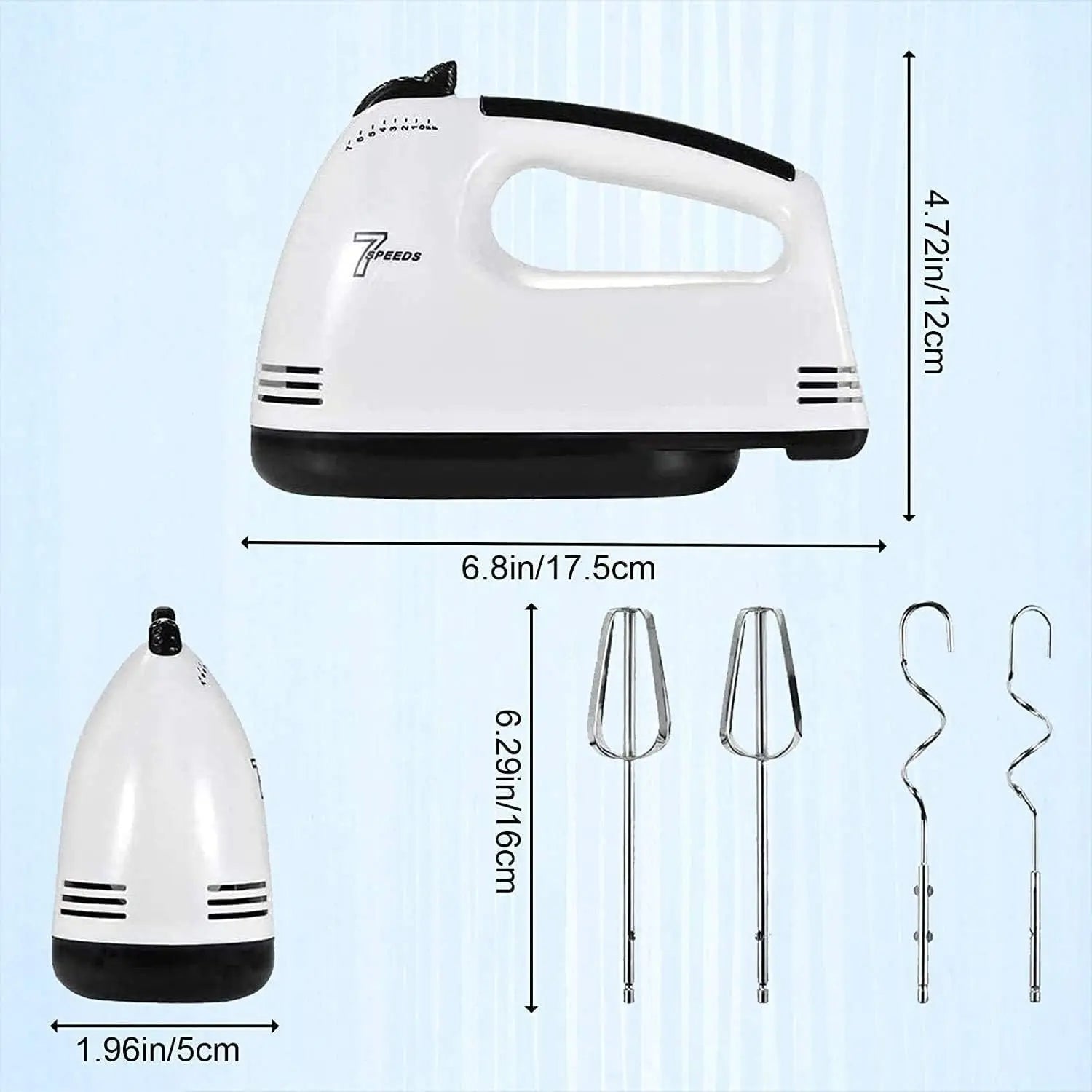 Handheld mixer with attachments and measurements on a light blue background