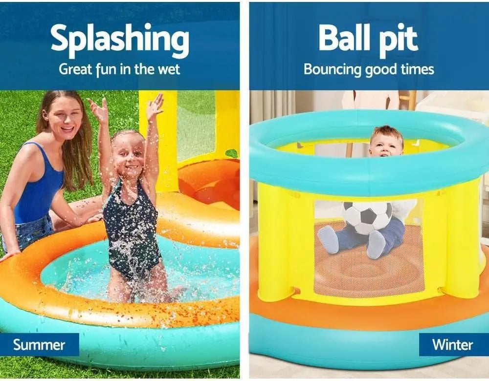 Two images showing inflatable pools with text indicating use for summer and winter activities.