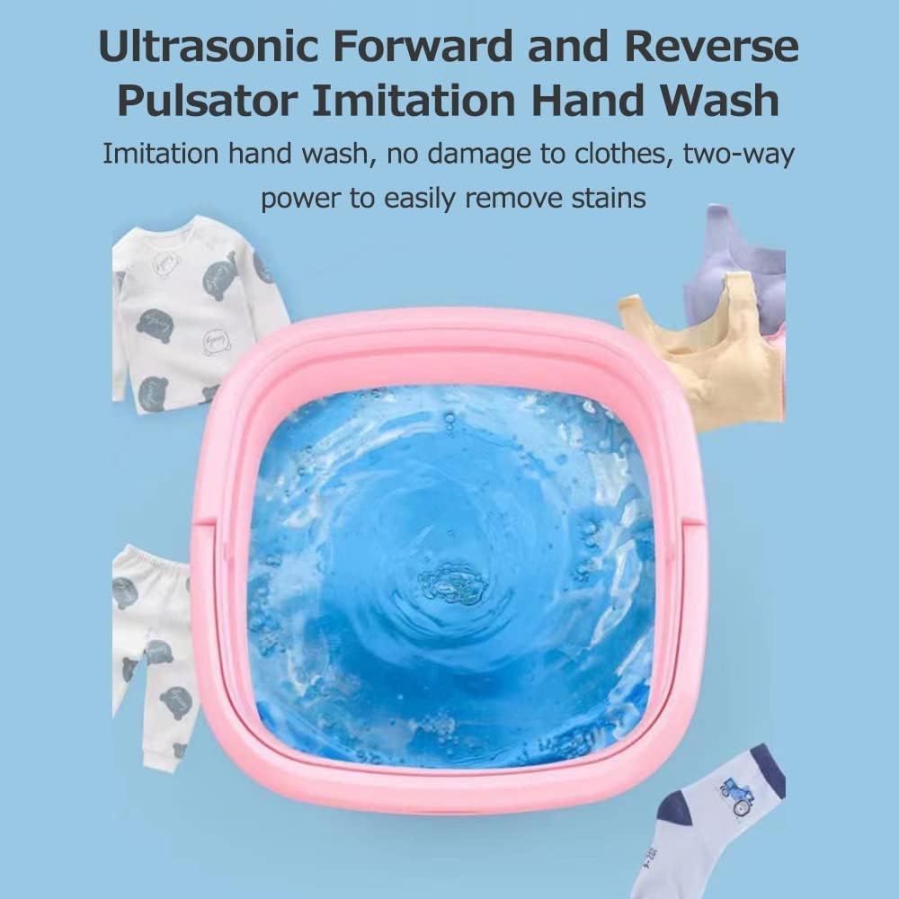 Ultrasonic hand wash device with blue liquid and pink border on a light blue background.