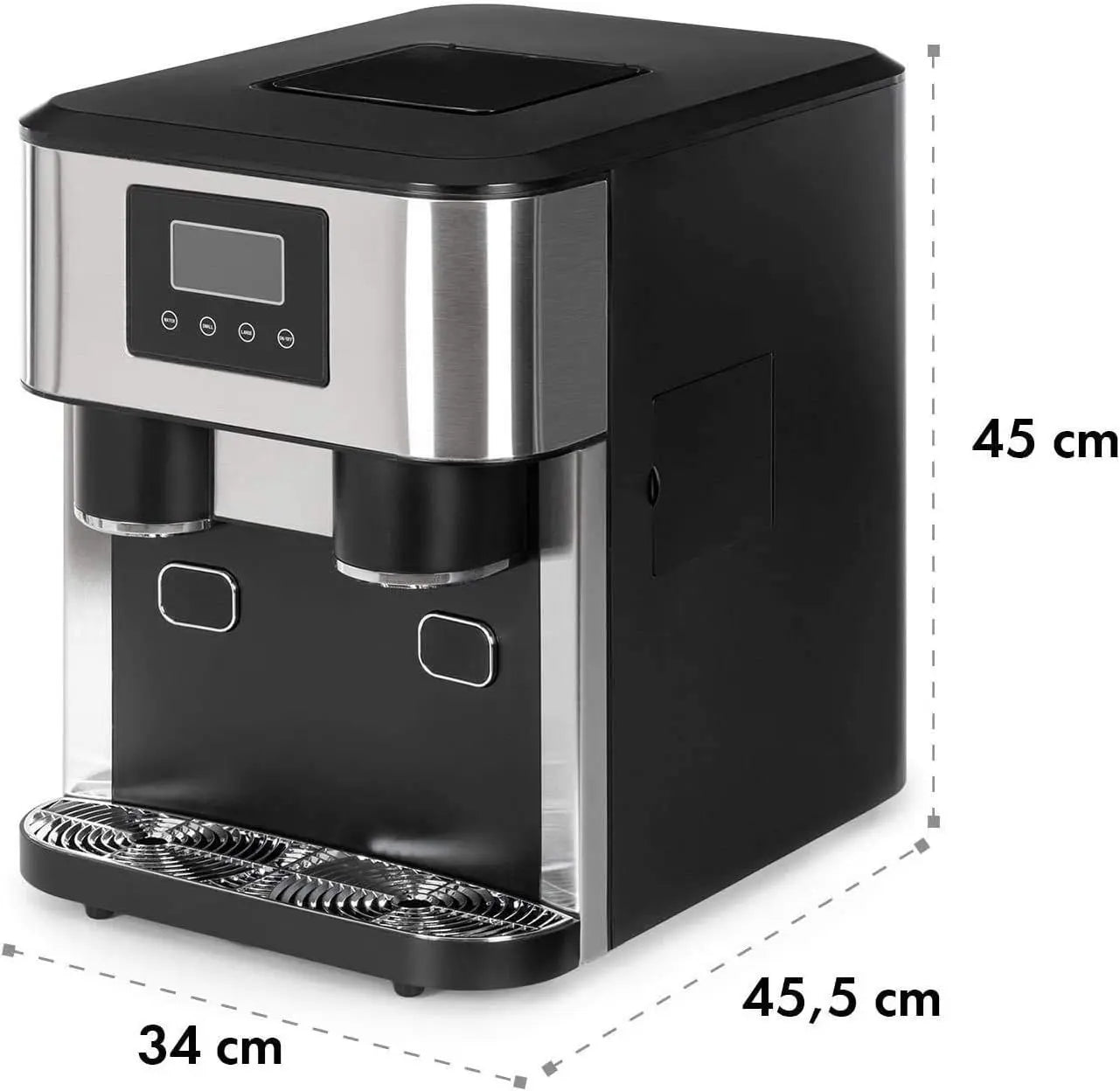 Black and silver coffee machine with dimensions labeled on a white background