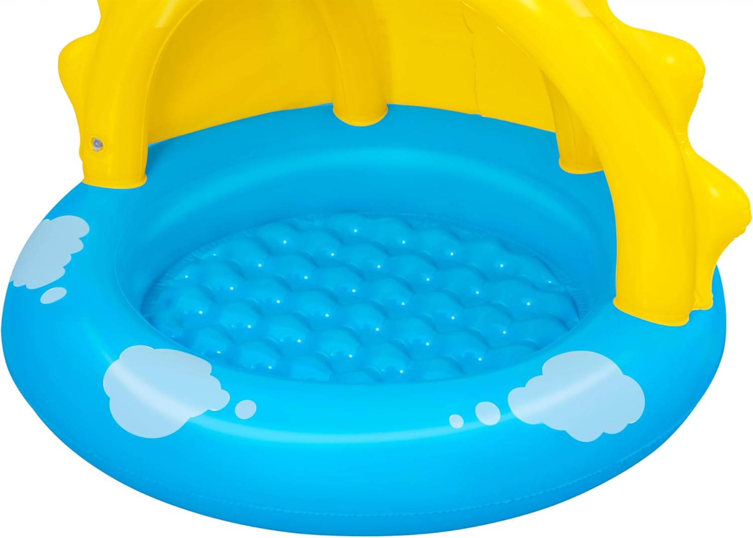 Inflatable pool with yellow arch and blue base on a white background
