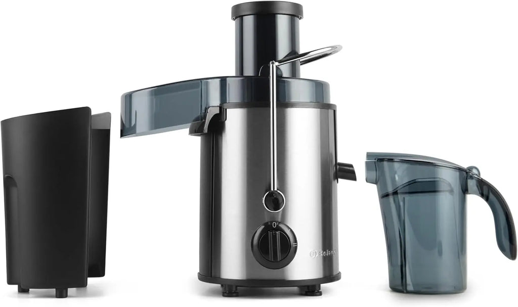 Stainless steel juicer with black accents on a white background