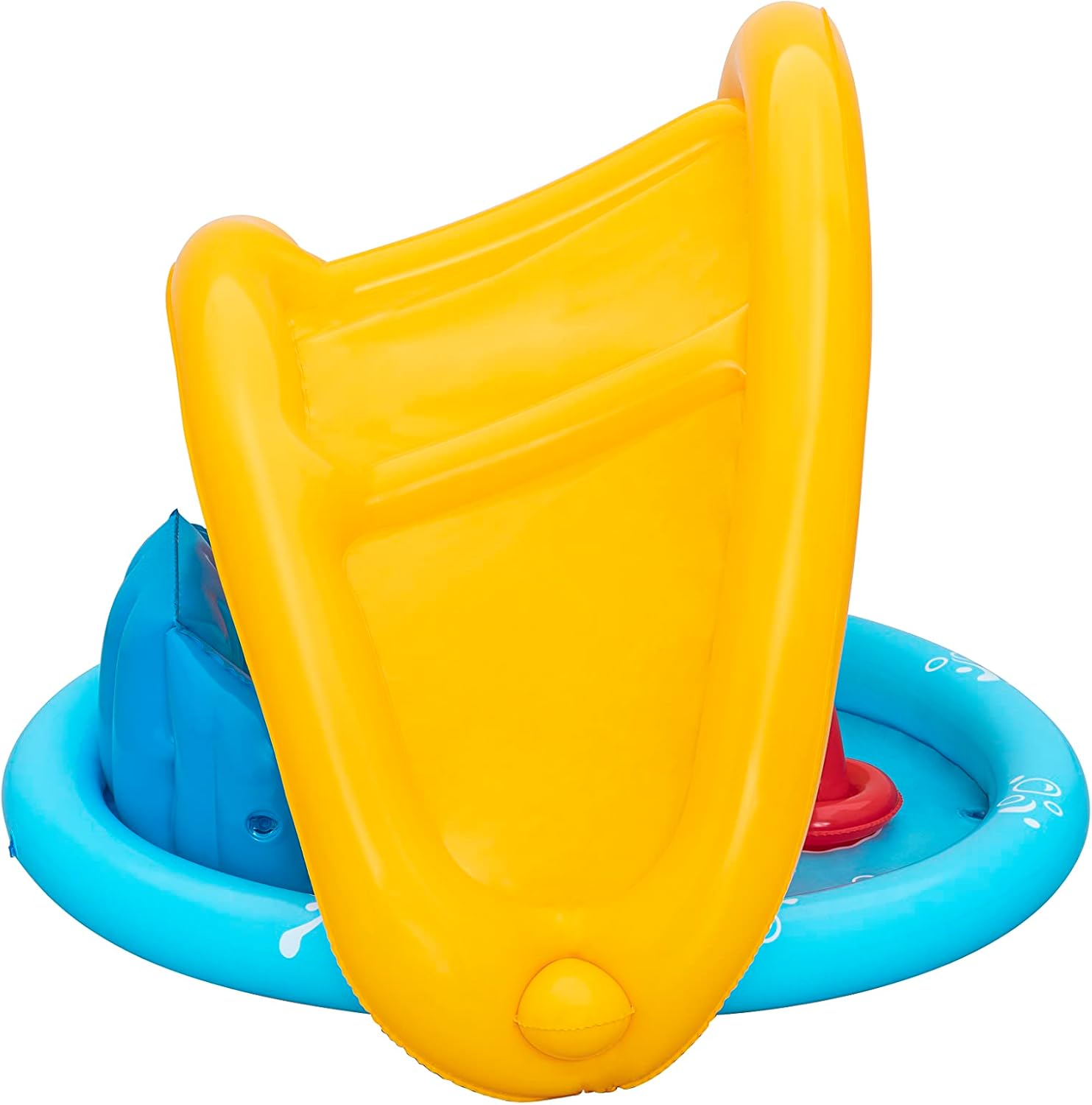 Yellow and blue inflatable pool toy with a slide on a white background