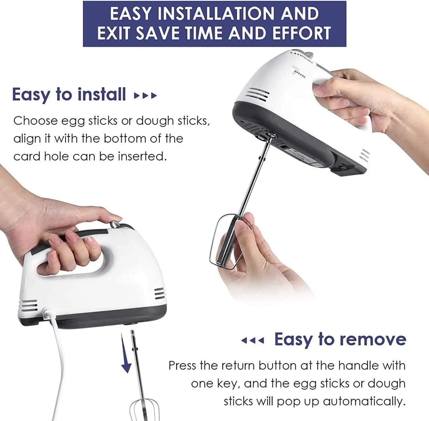 Handheld mixer with text on easy installation and removal of egg sticks or dough sticks.
