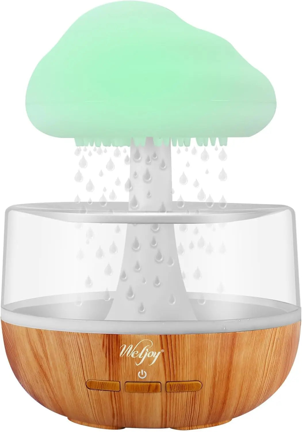 Humidifier with wooden base and cloud-shaped top on a white background