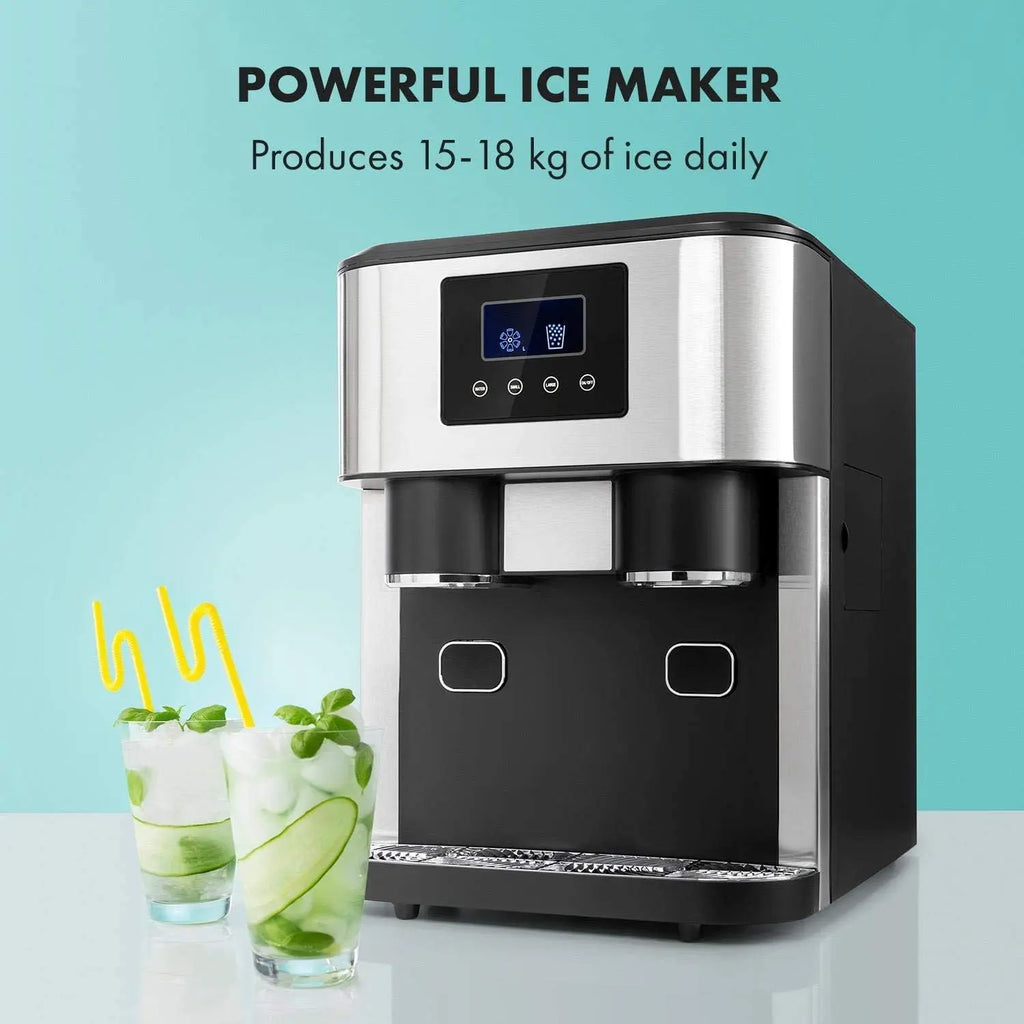 Ice maker with a glass of ice and lime on a light blue background