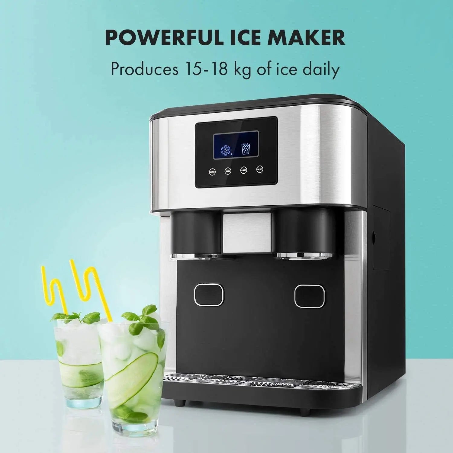 Ice maker with a glass of ice and lime on a light blue background