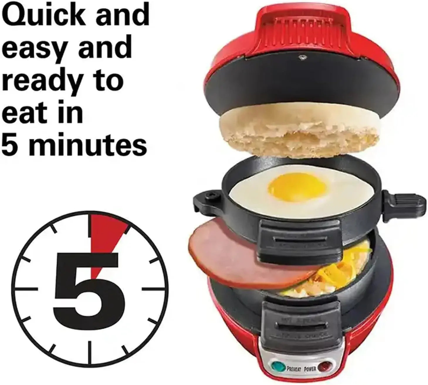 Multifunctional breakfast maker with an egg and slice of bread, labeled 'Quick and easy to eat in 5 minutes'.