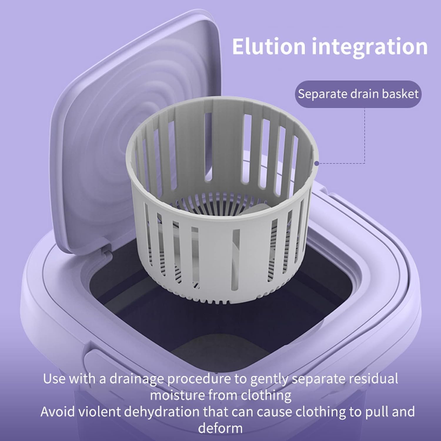 Gray drain basket inside a washing machine with text on a purple background