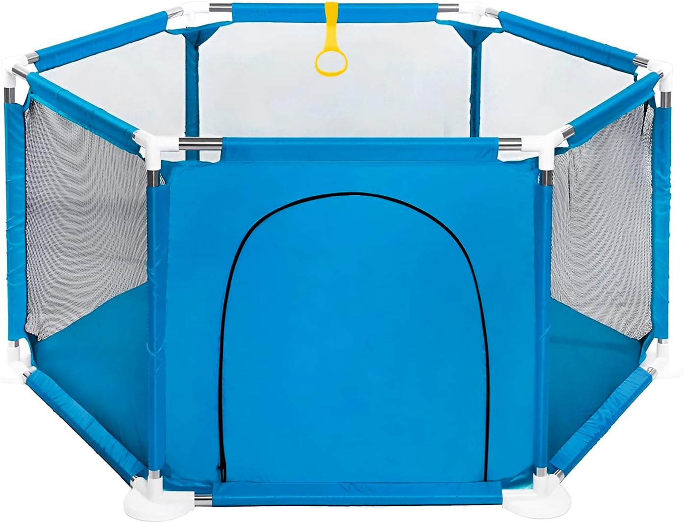 Blue children's playpen with mesh sides on a white background