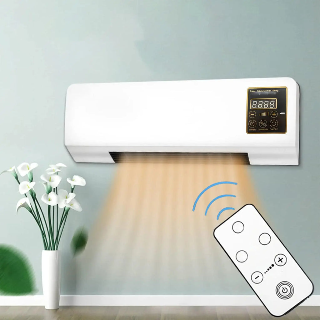 Wall-mounted air conditioner with remote control and flowers on a light gray background