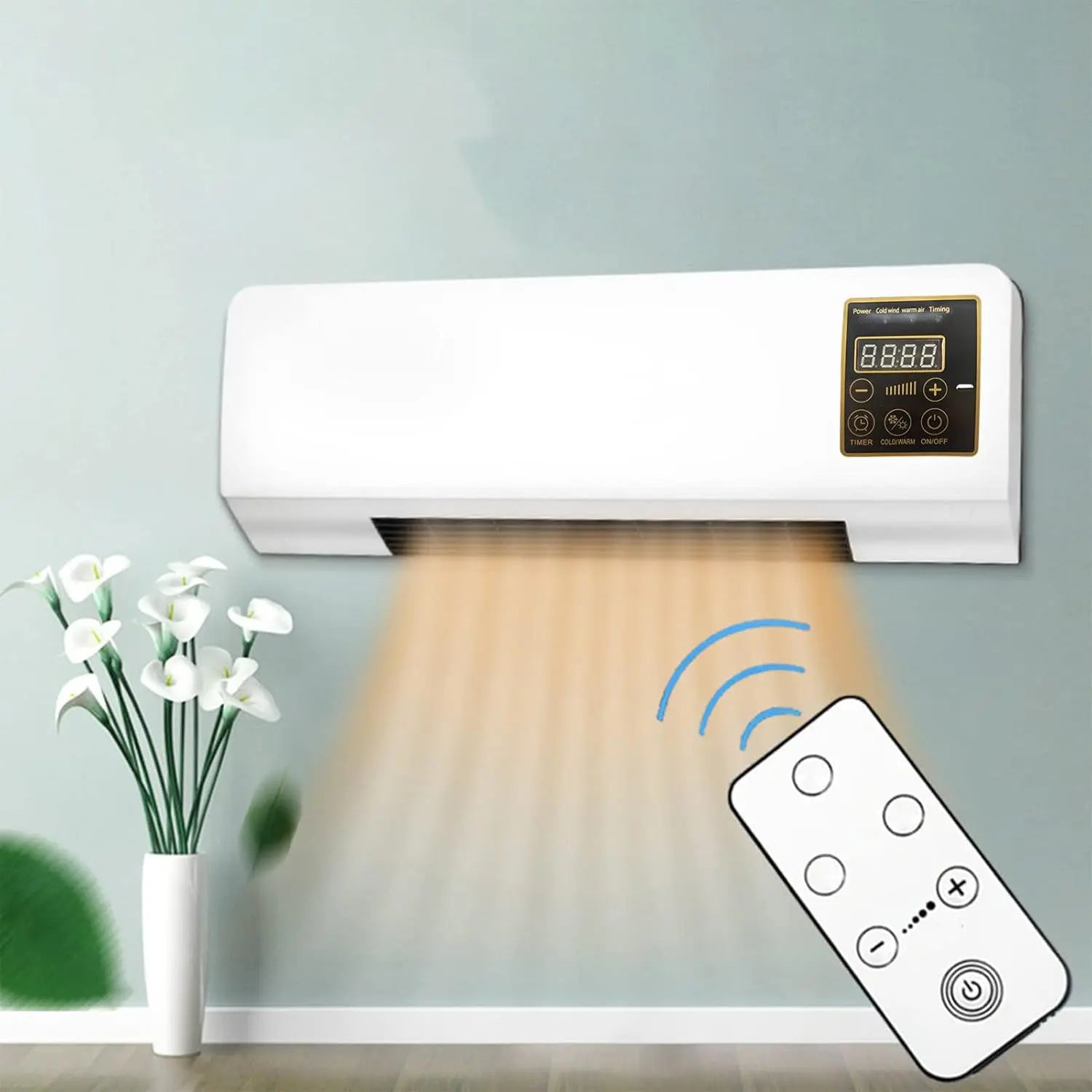 Wall-mounted air conditioner with remote control and flowers on a light gray background