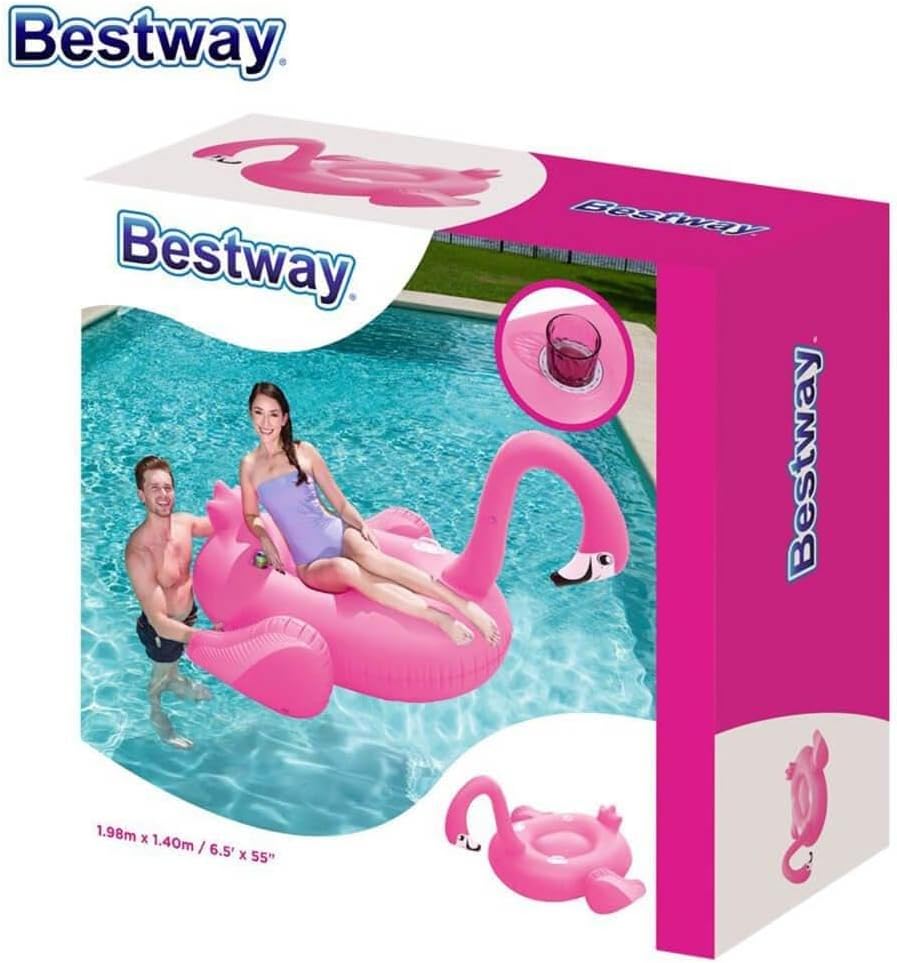 Bestway inflatable flamingo pool float with packaging on a pool background