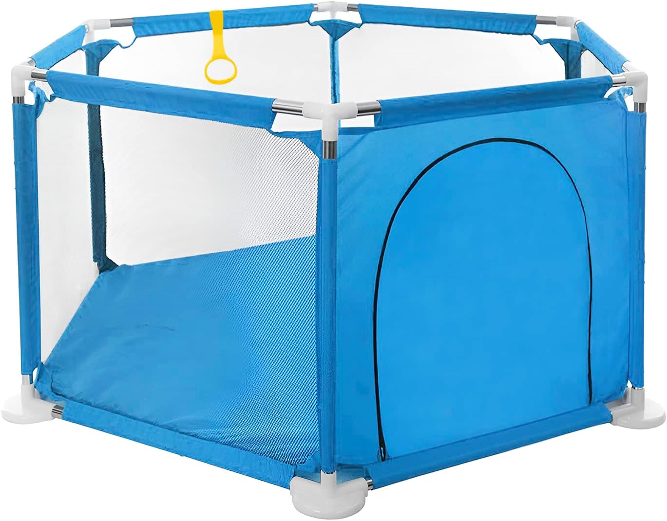 Blue baby playpen with white mesh and a yellow toy on a white background