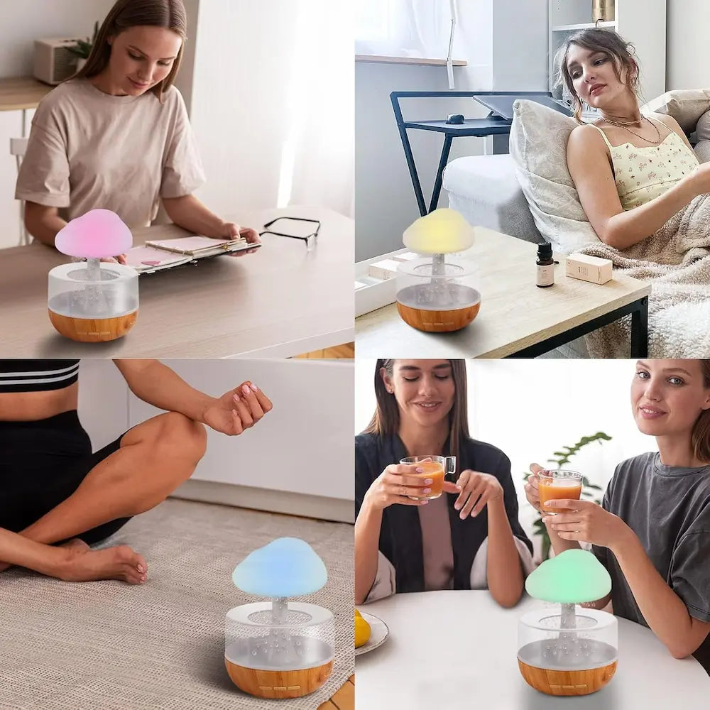 Collage of a woman using a colorful lamp in various settings