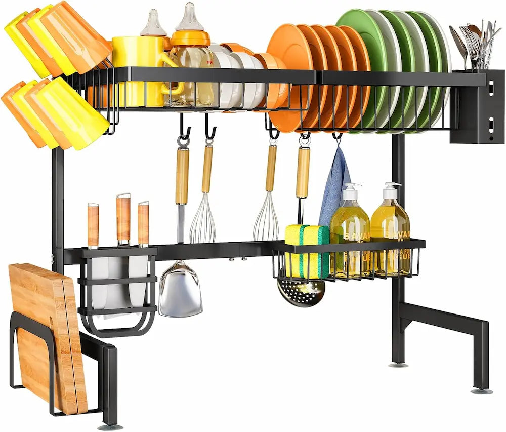 Kitchen wall-mounted rack with shelves and hooks holding various kitchen items.