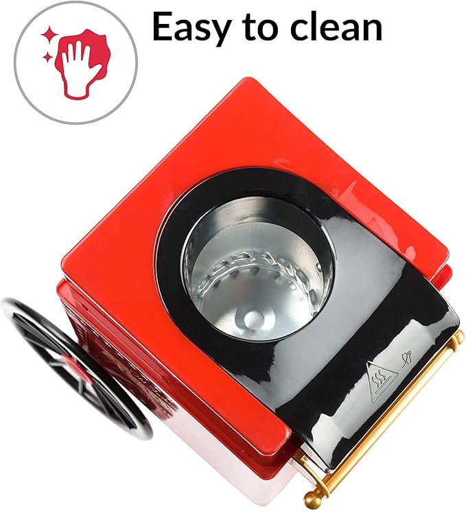 Red and black portable stove with a cleaning icon and text 'Easy to clean' on a white background