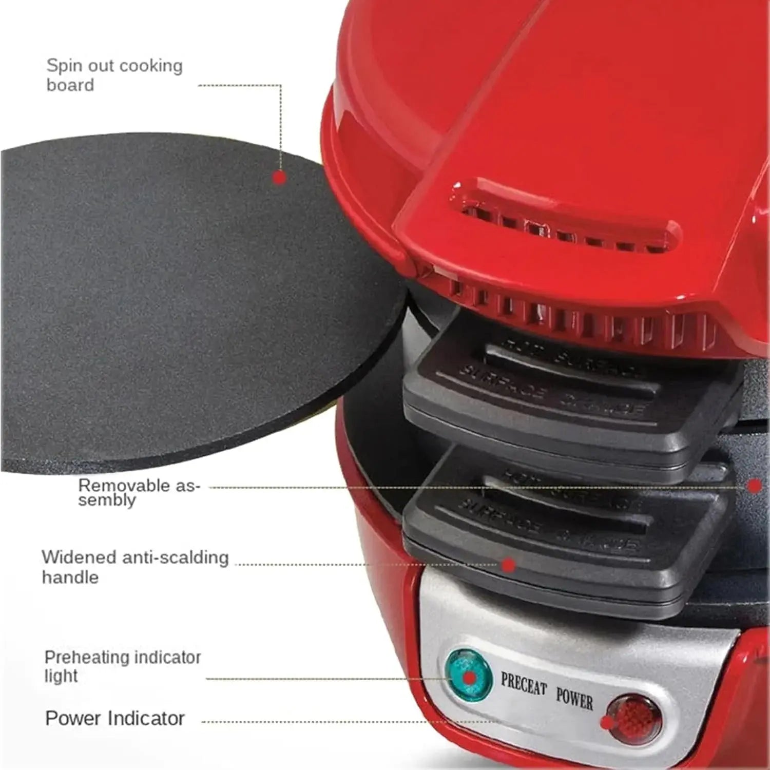 Red portable grill with labeled features on a white background